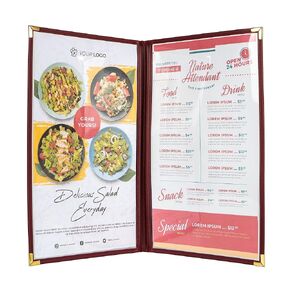 Menu Covers/Booklet, Double Pages, 2 Pockets, 4 View, for 8.5" x 14" Legal Size Paper, Pack of 6, Red Edging + Gold Metal Corner, Made with Leatherette & Vinyl