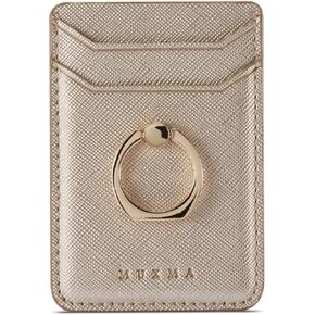 Premium PU Leather RFID Phone Card Holder Stick On Wallet with Ring Kickstand for iPhone and Android Smartphones (White)