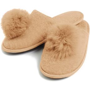 Real Fur Pom-Pom Slippers 100% Cashmere Memory Foam House Shoes with Non Slip Soles