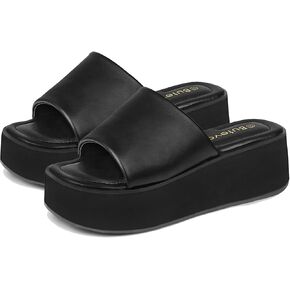 Chunky Platform Sandals for Women - Comfort Black Open Toe Slip on Platform Slides Y2K Wedge Sandals for Summer Casual