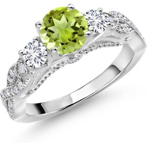 Gem Stone King 925 Sterling Silver Green Peridot White Lab Grown Diamond and White Moissanite Engagement Ring For Women (1.47 Cttw, Gemstone August Birthstone, Round 6MM and 3MM)