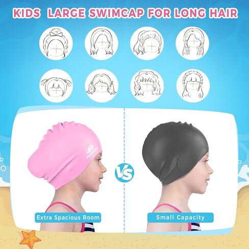 قبعات سباحة من السيليكون للشعر الطويل، تناسب الشعر الطويل والشعر القصير المجعد، قبعات سباحة من السيليكون الصلب مقاومة للماء وسهلة الارتداء والخلع للفتيات والأولاد والبالغين والشباب in Kuwait