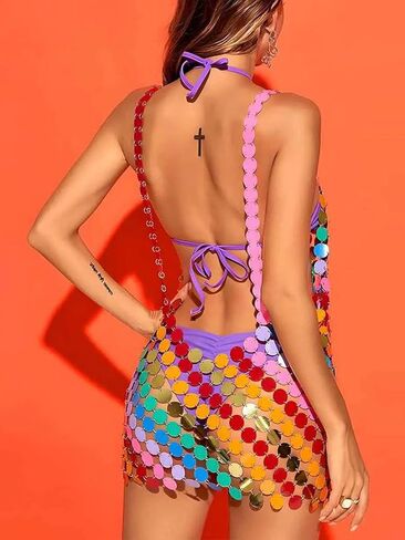 فستان قوس قزح مزين بالترتر، فساتين ديسكو مثيرة، بيكيني سباركلي، فستان على شكل سلسلة للنساء in Kuwait