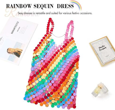 فستان قوس قزح مزين بالترتر، فساتين ديسكو مثيرة، بيكيني سباركلي، فستان على شكل سلسلة للنساء in Kuwait