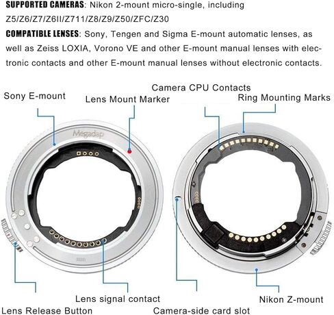 محول تلقائي Megadap ETZ21 PRO لكاميرات Nikon ZF وZ8 وZ9 وZ30 وZ5 وZ7II وZ6II وZfc - التركيز التلقائي، لدعم عدسة الطرف الثالث من Sony E Mount in Kuwait
