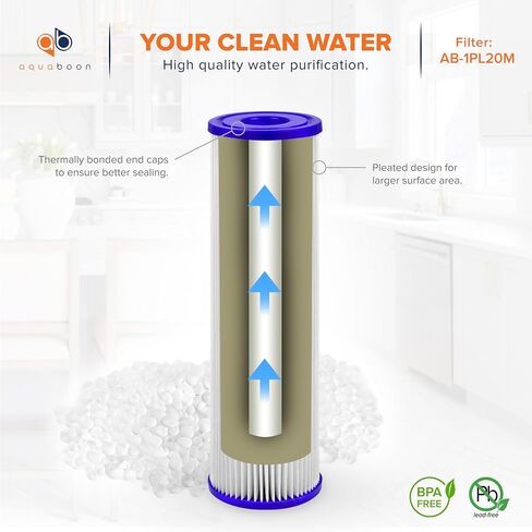 فلتر مياه مطوي 20 ميكرون من Aquaboon مقاس 10 × 2.5 بوصة - خرطوشة بديلة لفلتر مياه رواسب المنزل بالكامل متوافقة مع WB-50W، W50PE، WFPFC3002، R50، WHKF-WHPL، Keystone 550، 6 عبوات in Kuwait
