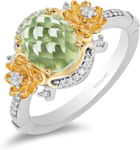 Jewelili Enchanted Disney Fine Jewelry من الفضة الإسترليني والذهب الأصفر عيار 10 قيراط مع ألماس 1/6 CTTW وخاتم تيانا من الجمشت الأخضر in Saudi Arabia