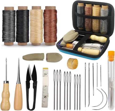 مجموعة الخياطة الجلدية، لوازم وخياطة إصلاح الجلود، مجموعة أدوات جلدية مع إبر خياطة كبيرة للعين، خيط مشمع، طقم إصلاح المفروشات الجلدية DIY، هدايا جلدية للمبتدئين أو البالغين in Kuwait