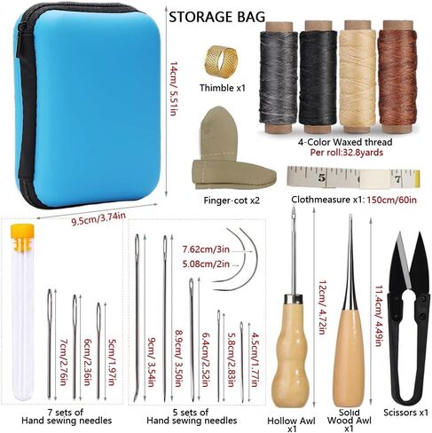 مجموعة الخياطة الجلدية، لوازم وخياطة إصلاح الجلود، مجموعة أدوات جلدية مع إبر خياطة كبيرة للعين، خيط مشمع، طقم إصلاح المفروشات الجلدية DIY، هدايا جلدية للمبتدئين أو البالغين in Kuwait