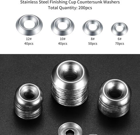 200 Pcs Finishing Cup Countersunk Washers Assortment Kit, 6# 8# 10# 12# Stainless Steel Finishing Cup Washers, Finish washers, Cup Countersunk Finish Washer Set, Finishing Washers in Kuwait