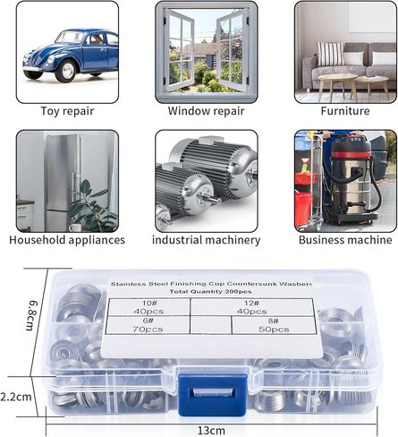 200 Pcs Finishing Cup Countersunk Washers Assortment Kit, 6# 8# 10# 12# Stainless Steel Finishing Cup Washers, Finish washers, Cup Countersunk Finish Washer Set, Finishing Washers in Kuwait