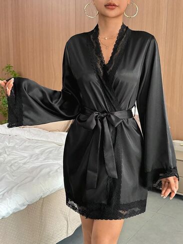 قمصان نوم حريرية بأكمام دانتيل الأزهار ورقبة على شكل حرف V من الساتان وحزام من Floerns in Saudi Arabia