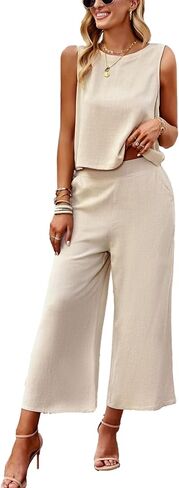 Women's Summer 2 Piece Outfits Sleeveless Round Neck Tank Crop Basic Top Capri Wide Leg Pants Set with Pockets(0421-Apricot-S) in Saudi Arabia