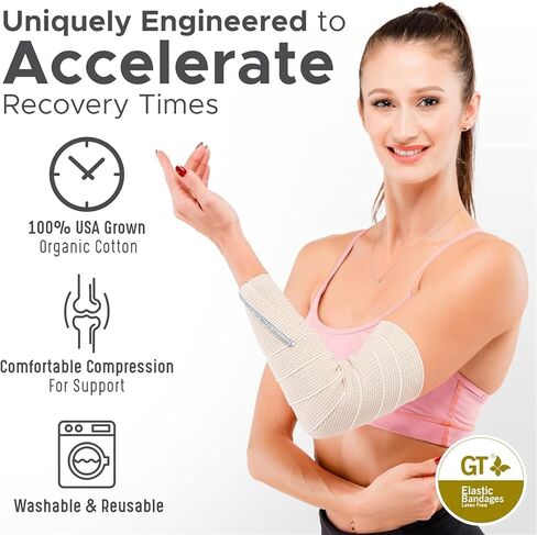 غلاف ضمادة مطاطية ممتازة (عبوة من قطعتين مقاس 4 بوصات) - بكرة ضغط مصنوعة من القطن المزروع في الولايات المتحدة الأمريكية - مثبتات بخطاف وحلقة في كلا الطرفين - خالية من مادة GT اللاتكس ولا تسبب الحساسية وقابلة لإعادة الاستخدام in Kuwait