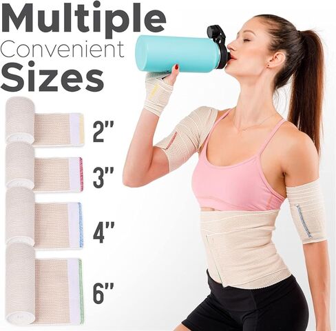 غلاف ضمادة مطاطية ممتازة (عبوة من قطعتين مقاس 4 بوصات) - بكرة ضغط مصنوعة من القطن المزروع في الولايات المتحدة الأمريكية - مثبتات بخطاف وحلقة في كلا الطرفين - خالية من مادة GT اللاتكس ولا تسبب الحساسية وقابلة لإعادة الاستخدام in Kuwait