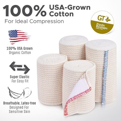 غلاف ضمادة مطاطية ممتازة (عبوة من قطعتين مقاس 4 بوصات) - بكرة ضغط مصنوعة من القطن المزروع في الولايات المتحدة الأمريكية - مثبتات بخطاف وحلقة في كلا الطرفين - خالية من مادة GT اللاتكس ولا تسبب الحساسية وقابلة لإعادة الاستخدام in Kuwait
