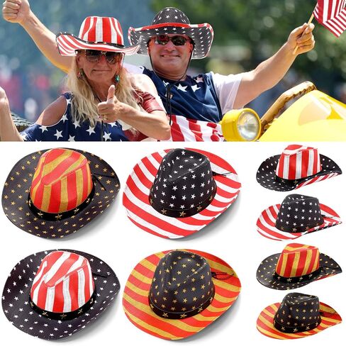 Janmercy 8 Pcs Straw American Flag Cowboy Hats USA Western Party Hats Stripes Star Patriotic Cowgirl Hat for 4th of July Cosplay in Saudi Arabia