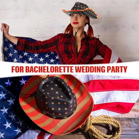 Janmercy 8 Pcs Straw American Flag Cowboy Hats USA Western Party Hats Stripes Star Patriotic Cowgirl Hat for 4th of July Cosplay in Saudi Arabia