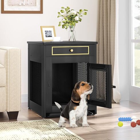 YITAHOME Dog Crate Furniture, 25 inch Heavy Duty Dog Kennel End Table with Drawer, Wooden Dog Crate Table, Indoor Decorative Dog House for Medium Small Dogs, Black in Saudi Arabia