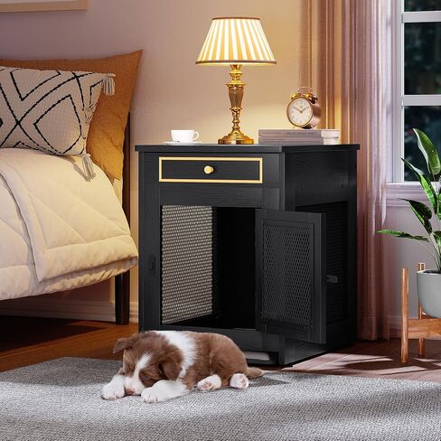 YITAHOME Dog Crate Furniture, 25 inch Heavy Duty Dog Kennel End Table with Drawer, Wooden Dog Crate Table, Indoor Decorative Dog House for Medium Small Dogs, Black in Saudi Arabia