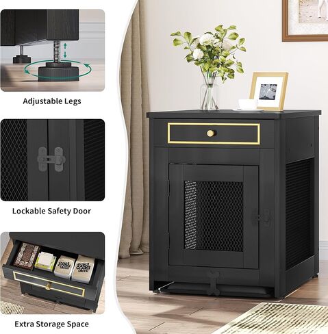 YITAHOME Dog Crate Furniture, 25 inch Heavy Duty Dog Kennel End Table with Drawer, Wooden Dog Crate Table, Indoor Decorative Dog House for Medium Small Dogs, Black in Saudi Arabia