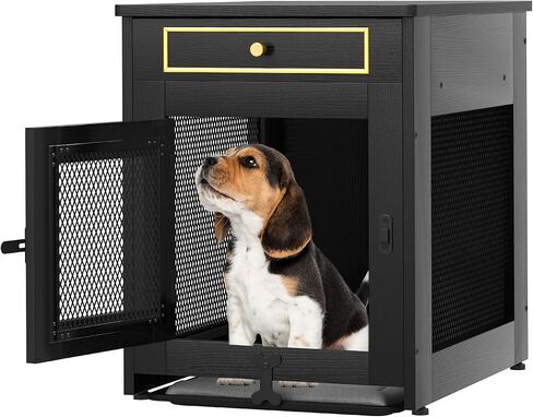 YITAHOME Dog Crate Furniture, 25 inch Heavy Duty Dog Kennel End Table with Drawer, Wooden Dog Crate Table, Indoor Decorative Dog House for Medium Small Dogs, Black in Saudi Arabia