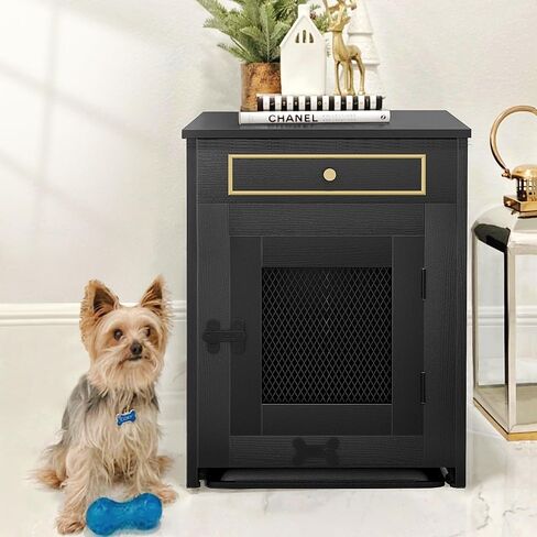 YITAHOME Dog Crate Furniture, 25 inch Heavy Duty Dog Kennel End Table with Drawer, Wooden Dog Crate Table, Indoor Decorative Dog House for Medium Small Dogs, Black in Saudi Arabia