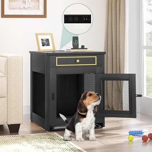 YITAHOME Dog Crate Furniture, 25 inch Heavy Duty Dog Kennel End Table with Drawer, Wooden Dog Crate Table, Indoor Decorative Dog House for Medium Small Dogs, Black in Saudi Arabia