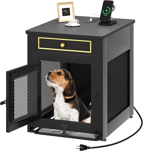 YITAHOME Dog Crate Furniture, 25 inch Heavy Duty Dog Kennel End Table with Drawer, Wooden Dog Crate Table, Indoor Decorative Dog House for Medium Small Dogs, Black in Saudi Arabia