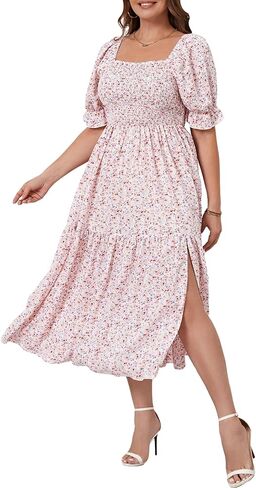 Floerns Women's Plus Size Boho Floral Print Shirred Ruffle Hem A Line Long Dress in Saudi Arabia