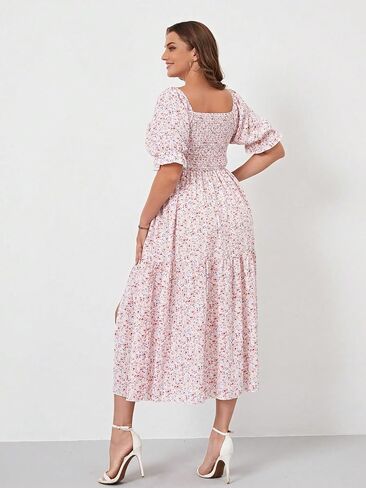 Floerns Women's Plus Size Boho Floral Print Shirred Ruffle Hem A Line Long Dress in Saudi Arabia
