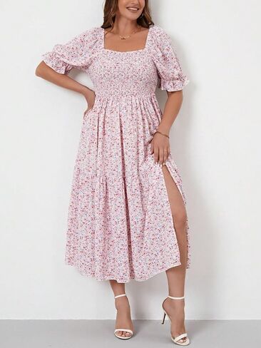 Floerns Women's Plus Size Boho Floral Print Shirred Ruffle Hem A Line Long Dress in Saudi Arabia