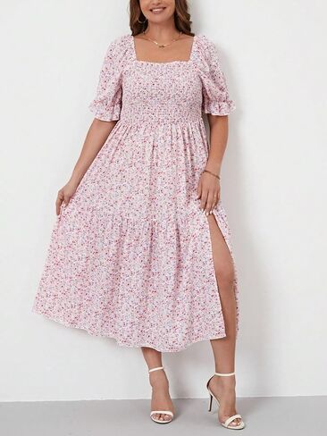 Floerns Women's Plus Size Boho Floral Print Shirred Ruffle Hem A Line Long Dress in Saudi Arabia