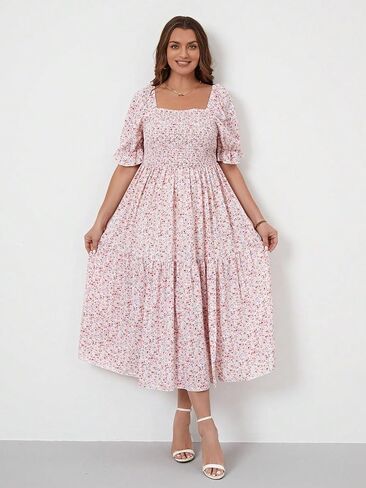 Floerns Women's Plus Size Boho Floral Print Shirred Ruffle Hem A Line Long Dress in Saudi Arabia