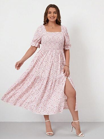 Floerns Women's Plus Size Boho Floral Print Shirred Ruffle Hem A Line Long Dress in Saudi Arabia
