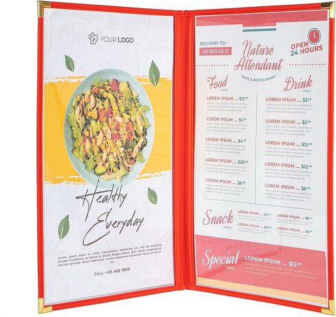 أغلفة/كتيب القائمة، صفحات مزدوجة، جيبان، 4 طرق عرض، للورق بالحجم القانوني مقاس 8.5 × 14 بوصة، حزمة من 6 قطع، حواف حمراء + زاوية معدنية ذهبية، مصنوعة من الجلد والفينيل in Kuwait