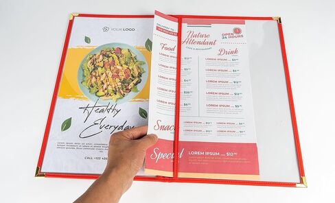 أغلفة/كتيب القائمة، صفحات مزدوجة، جيبان، 4 طرق عرض، للورق بالحجم القانوني مقاس 8.5 × 14 بوصة، حزمة من 6 قطع، حواف حمراء + زاوية معدنية ذهبية، مصنوعة من الجلد والفينيل in Kuwait