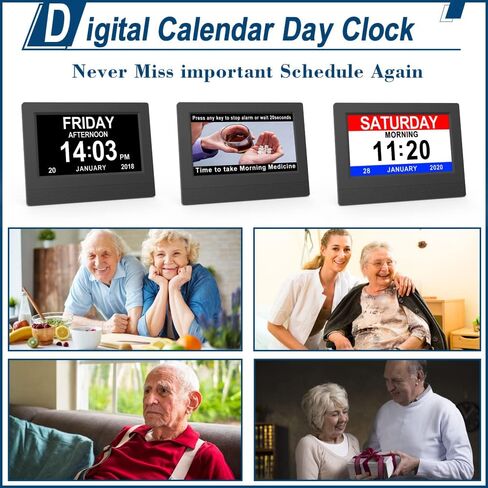 ساعة منبه بتقويم رقمي، شاشة عرض كبيرة عالية الدقة مقاس 7 بوصات، أوضاع جديدة للساعة متعددة التعتيم التلقائي، تاريخ يوم غير مختصر لمرض الزهايمر والخرف وفقدان الذاكرة وضعف الرؤية - أبيض in Kuwait