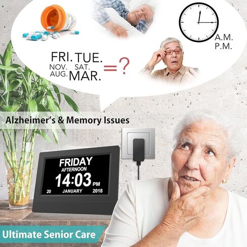 ساعة منبه بتقويم رقمي، شاشة عرض كبيرة عالية الدقة مقاس 7 بوصات، أوضاع جديدة للساعة متعددة التعتيم التلقائي، تاريخ يوم غير مختصر لمرض الزهايمر والخرف وفقدان الذاكرة وضعف الرؤية - أبيض in Kuwait