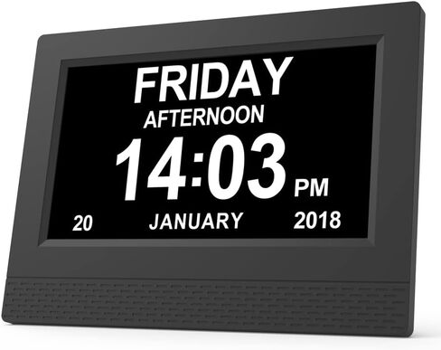 ساعة منبه بتقويم رقمي، شاشة عرض كبيرة عالية الدقة مقاس 7 بوصات، أوضاع جديدة للساعة متعددة التعتيم التلقائي، تاريخ يوم غير مختصر لمرض الزهايمر والخرف وفقدان الذاكرة وضعف الرؤية - أبيض in Kuwait