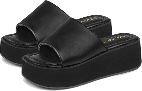Chunky Platform Sandals for Women - Comfort Black Open Toe Slip on Platform Slides Y2K Wedge Sandals for Summer Casual in Saudi Arabia