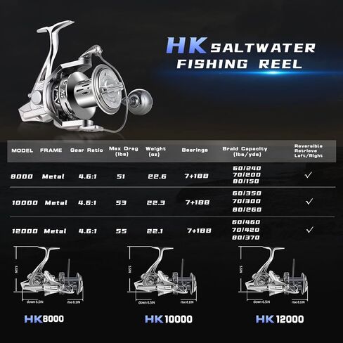 GARRET Spinning Reel, 8000/10000/12000 Aluminum Frame Surf Fishing Reels, Carbon Fiber 55LB Power Drag, Heavy Long Casting Inshore Saltwater & Offshore Saltwater Freshwater Fish Reel in Kuwait
