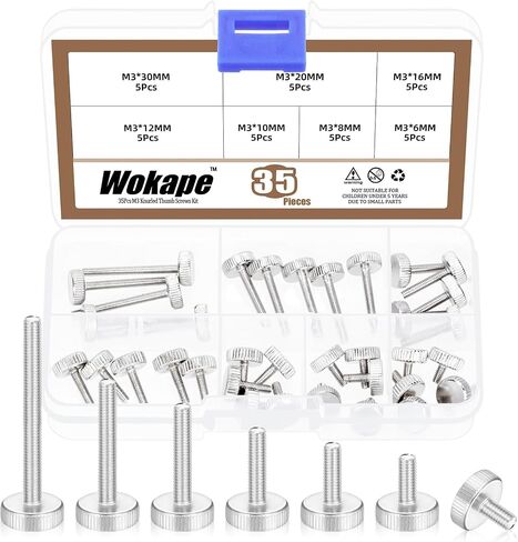 35Pcs M3 Knurled Thumb Screw Kit, M3x 6/8/10/12/16/20/30MM Nickel Plated 304 Stainless Steel Knurled Thumbscrew Flat Knurled Fully Threaded Bolts(Single Layer Step) Grip Knobs Fasteners for PC in Saudi Arabia