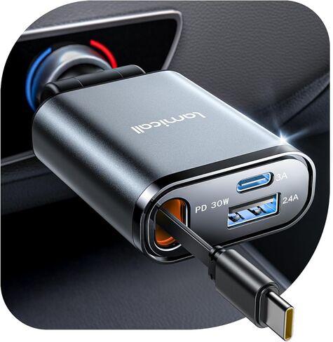 Lamicall Retractable Car Charger 3 in 1 USB C Fast Charging [Ultra-Compact, 75% Less Space] 57W Type C Car Charger fit iPhone 16 16e 15 Pro Max Plus Samsung Galaxy S25 S24 Ultra Pixel Android in Saudi Arabia