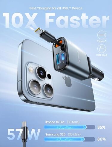 Lamicall Retractable Car Charger 3 in 1 USB C Fast Charging [Ultra-Compact, 75% Less Space] 57W Type C Car Charger fit iPhone 16 16e 15 Pro Max Plus Samsung Galaxy S25 S24 Ultra Pixel Android in Saudi Arabia