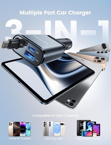 Lamicall Retractable Car Charger 3 in 1 USB C Fast Charging [Ultra-Compact, 75% Less Space] 57W Type C Car Charger fit iPhone 16 16e 15 Pro Max Plus Samsung Galaxy S25 S24 Ultra Pixel Android in Saudi Arabia