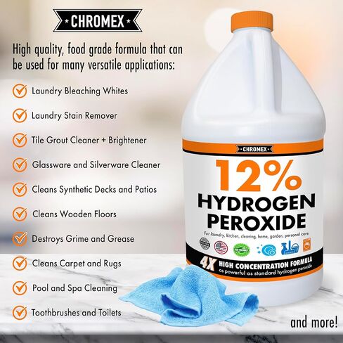 Chromex Hydrogen Peroxide 12 Percent Food Grade, 4x Power Concentrated Solution, 4 Gallons Dilute to 16 Gallons, Versatile Uses include Topical Care, Home, Kitchen, Bath Cleaner, Laundry, Whitening in Saudi Arabia
