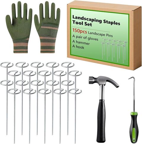 Landscape Fabric Pins, 150 Pack 6-Inch G-Shaped, Garden Galvanized Stakes, Hammer and Gloves Pair, Rust-Resistant Garden Pins for Securing Weed Barrier Fabric, Ground Cover, Irrigation Tubing in Saudi Arabia