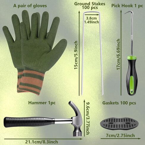 Landscape Fabric Pins, 150 Pack 6-Inch G-Shaped, Garden Galvanized Stakes, Hammer and Gloves Pair, Rust-Resistant Garden Pins for Securing Weed Barrier Fabric, Ground Cover, Irrigation Tubing in Saudi Arabia