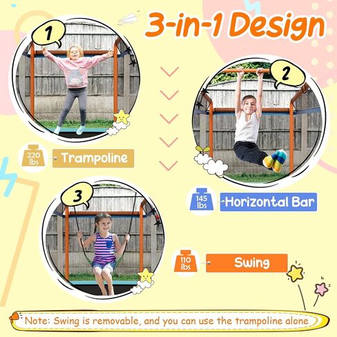GYMAX Trampoline for Kids, 75" ASTM Approved Recreational Trampolines with Swing, Horizontal Bar & Enclosure Net, Mini Rectangle Trampoline for Baby Toddlers Indoor/Outdoor in Saudi Arabia